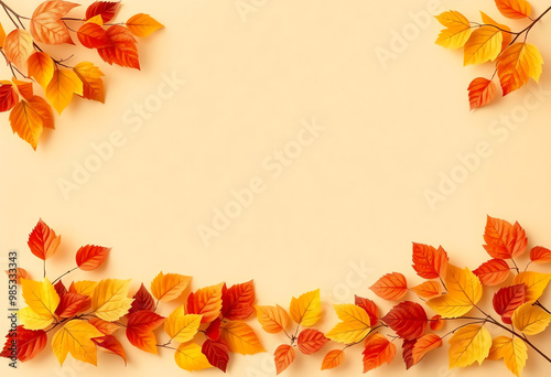 simple autumn leaves border frame copy space on a beige background