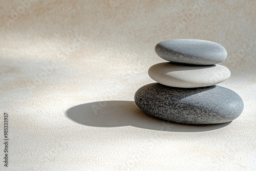 minimalist photograph of smooth grey stones stacked harmoniously, casting soft shadows on light background, evoking sense of tranquility and balance