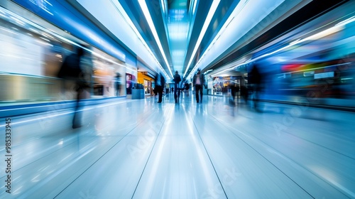 Futuristic subway station with blurred commuters in motion, showcasing dynamic urban life and modern transportation in a sleek, blue-tinted environment.