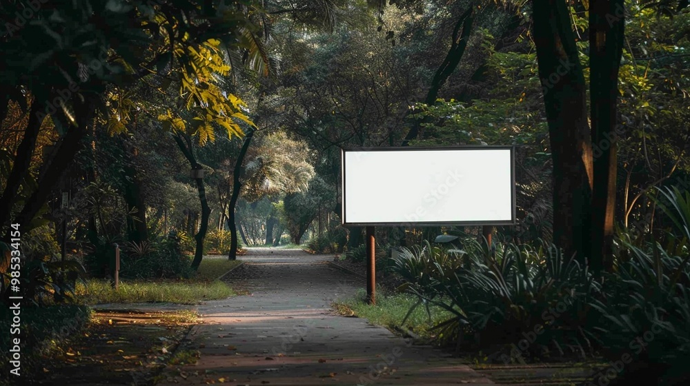 Tranquil forest path with a mysterious blank white sign, inviting curiosity amidst lush greenery and dappled sunlight filtering through the trees. Tranquil forest path with a mysterious blank white sign, inviting curiosity amidst lush greenery and dappled sunlight filtering through the trees.