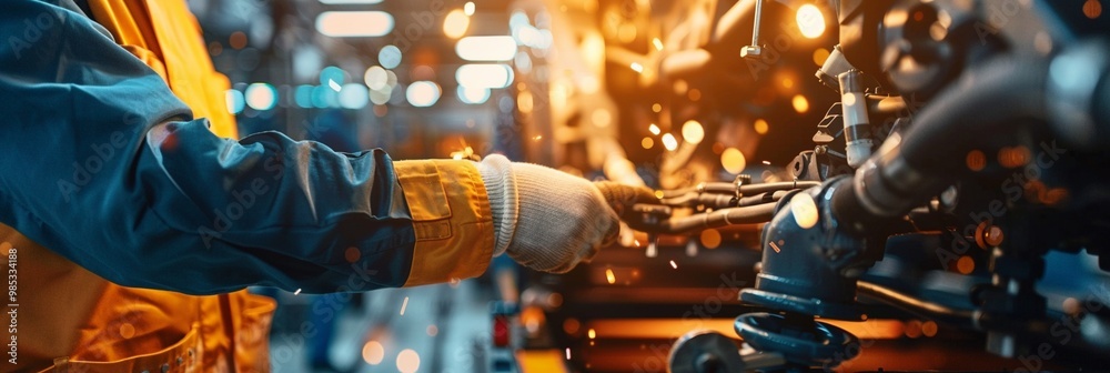 Skilled metalworker operates industrial machinery, sparks flying in dimly lit workshop. Close-up of gloved hands guiding metal, capturing essence of craftsmanship and precision. Skilled metalworker operates industrial machinery, sparks flying in dimly lit workshop. Close-up of gloved hands guiding metal, capturing essence of craftsmanship and precision.