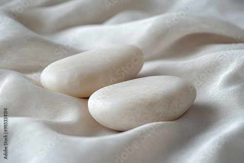 Smooth white ceramic stones resting on soft, flowing fabric create serene and calming atmosphere. gentle curves and textures invite sense of tranquility and simplicity