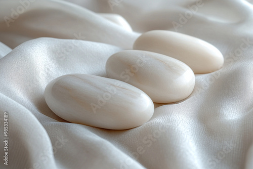 Smooth white ceramic stones are elegantly arranged on soft, flowing fabric, creating serene and calming atmosphere. gentle curves and subtle textures enhance overall aesthetic appeal