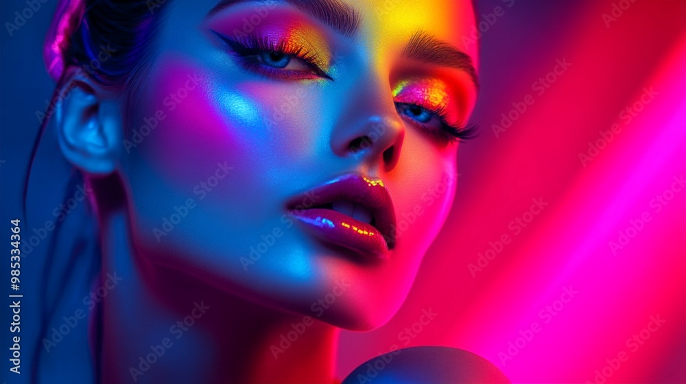 Vibrant neon lights illuminate a close-up portrait, casting a mesmerizing glow on glossy lips and intense eyes, creating a futuristic and hypnotic visual effect. Vibrant neon lights illuminate a close-up portrait, casting a mesmerizing glow on glossy lips and intense eyes, creating a futuristic and hypnotic visual effect.
