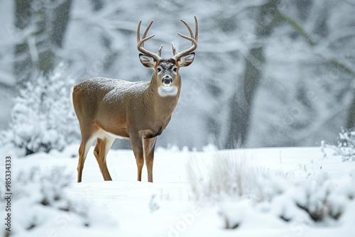 Whitetail deer stands in winter forest snow. Majestic cervid with large antlers. Pristine coat in cold snowy landscape. Serene wilderness scene with stillness. Forest habitat for wildlife in snowfall.