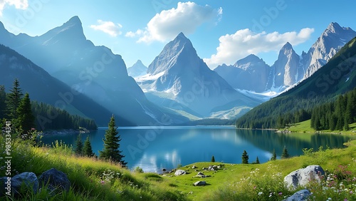 A serene mountain landscape under a clear blue sky, showcasing towering peaks and peaceful valleys. The vibrant natural scene offers a sense of calm and breathtaking beauty.