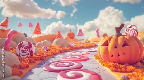 Whimsical candy land with pumpkin jack-o'-lantern, lollipops, and fluffy clouds: Halloween meets sweet fantasy in a colorful, dreamy landscape.