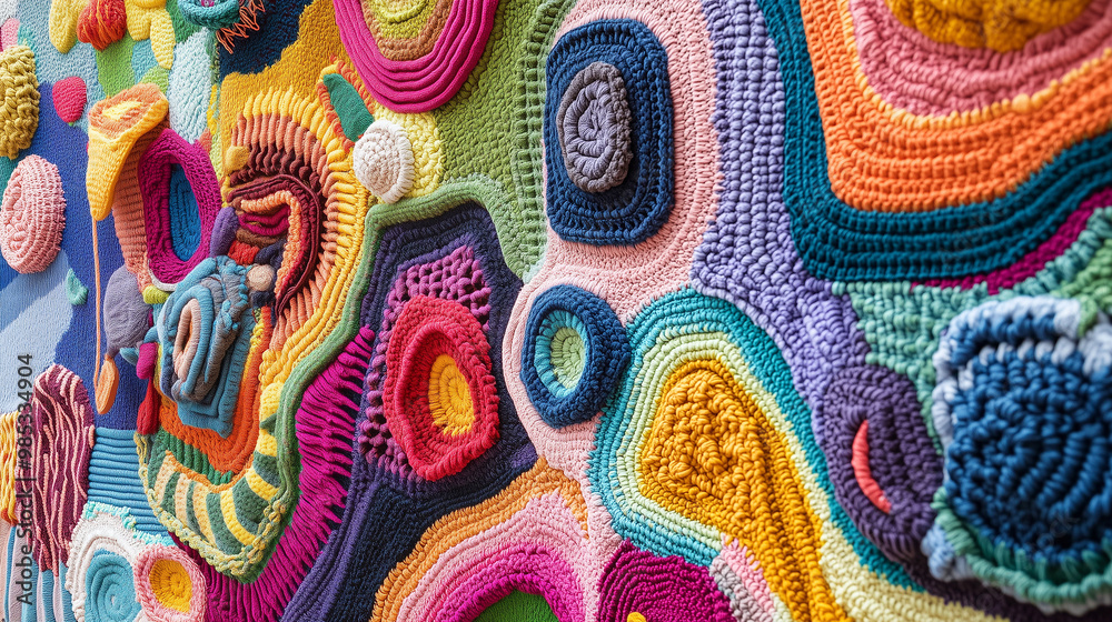 Large-scale crocheted installation art, Soft yarn creating intricate, organic shapes, Bright and bold colors, Textured details mimicking real crochet, Abstract and immersive design Large-scale crocheted installation art, Soft yarn creating intricate, organic shapes, Bright and bold colors, Textured details mimicking real crochet, Abstract and immersive design