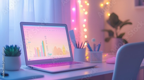 A laptop with a colorful graph on the screen sits on a desk in a home office.