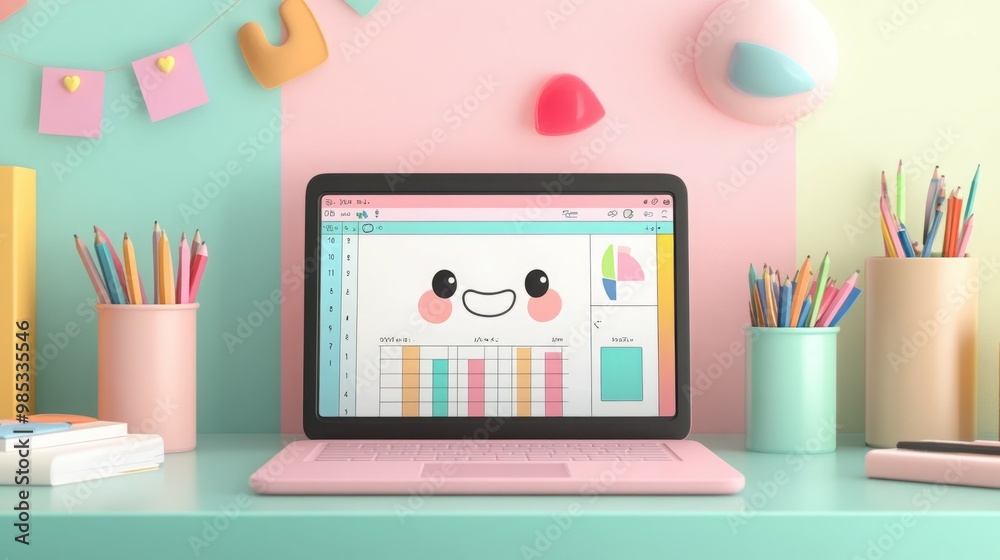A pink laptop with a colorful spreadsheet on the screen sits on a desk. A pink laptop with a colorful spreadsheet on the screen sits on a desk.