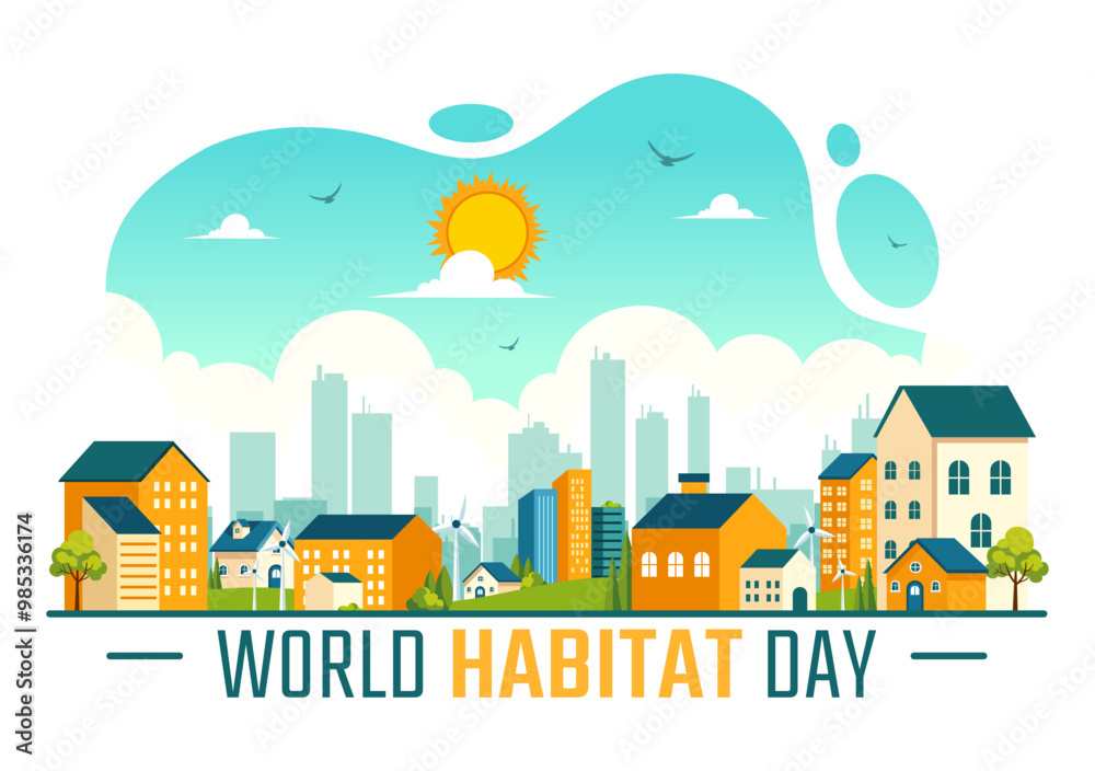 Fototapeta premium World Habitat Day Vector Illustration on 3 October, featuring a Clean City, Natural Trees, and Urban Areas for Adequate Housing in a Flat Background
