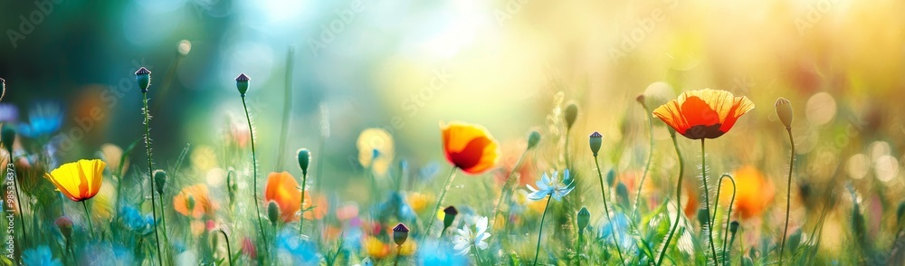 A field of colorful wildflowers with a single red poppy in focus, bathed in warm sunlight. A field of colorful wildflowers with a single red poppy in focus, bathed in warm sunlight.