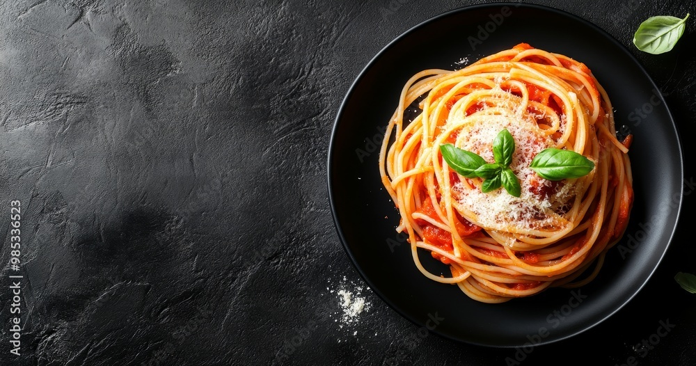 A plate of spaghetti with tomato sauce and parmesan cheese, with a sprig of basil on top. A plate of spaghetti with tomato sauce and parmesan cheese, with a sprig of basil on top.