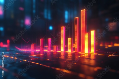 Glowing bars with a line graph on a dark background.