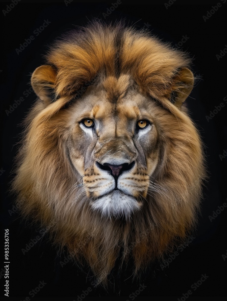 Lion face portrait on black background. Majestic big cat with golden fur. Carnivore animal with strong features. Mammal predator with powerful presence. Lion face portrait on black background. Majestic big cat with golden fur. Carnivore animal with strong features. Mammal predator with powerful presence.