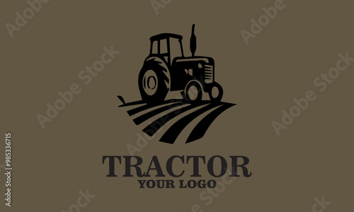 Black tractor in field at sunset with text tractor for logo use. Perfect for agricultural businesses or farmrelated branding, vektor and background photo