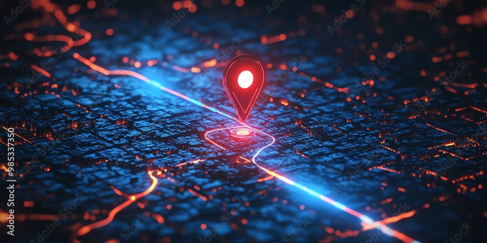 Glowing red pin on a blue and red glowing city map. Glowing red pin on a blue and red glowing city map.