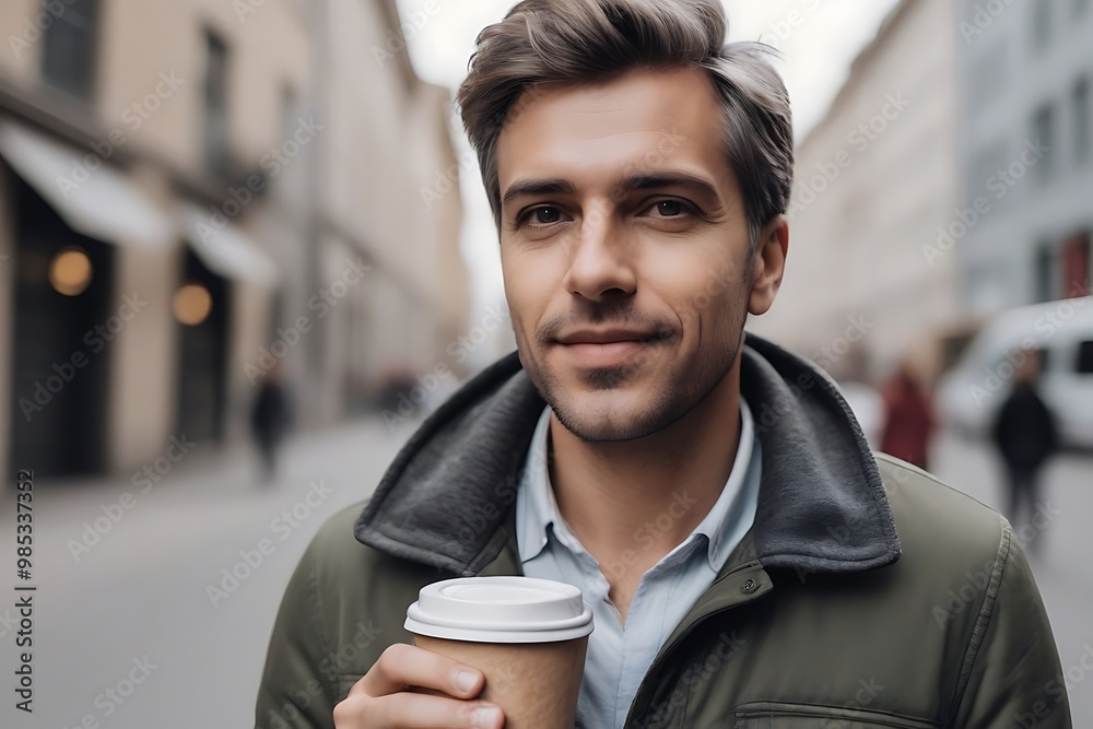 Casual Man Enjoying Coffee on Street Casual Man Enjoying Coffee on Street