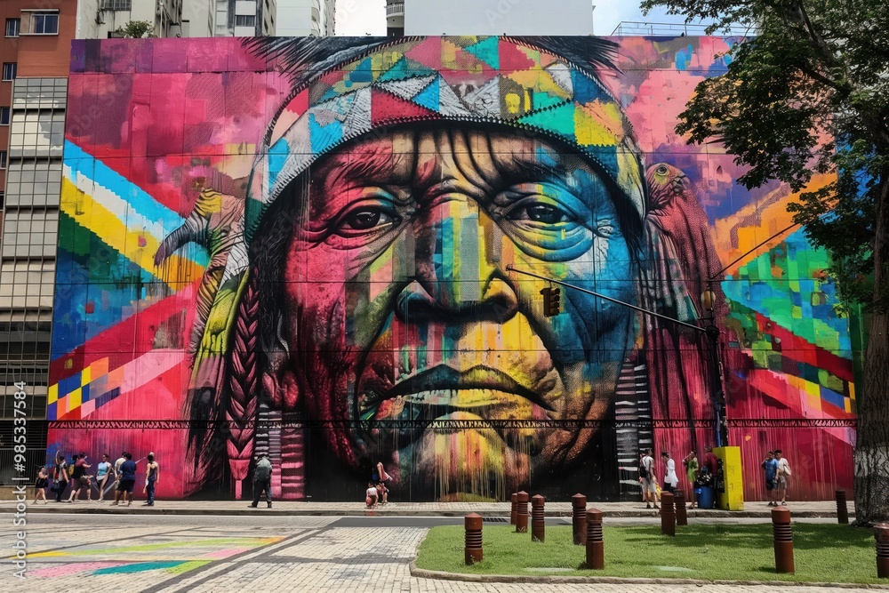 Fototapeta premium Indigenous man in vibrant street art mural in Rio Janeiro, Brazil. Colorful artwork on city wall with green tree, sunny sky, people walking in background. Male figure with face, eye, mouth expression