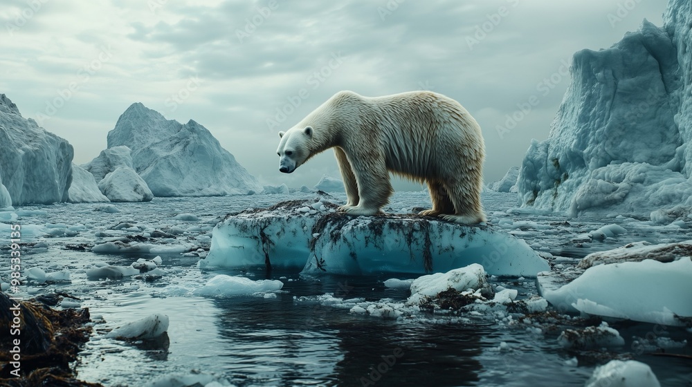 A majestic polar bear stands on an ice floe in a serene Arctic landscape, showcasing the beauty of wildlife and its natural habitat. A majestic polar bear stands on an ice floe in a serene Arctic landscape, showcasing the beauty of wildlife and its natural habitat.