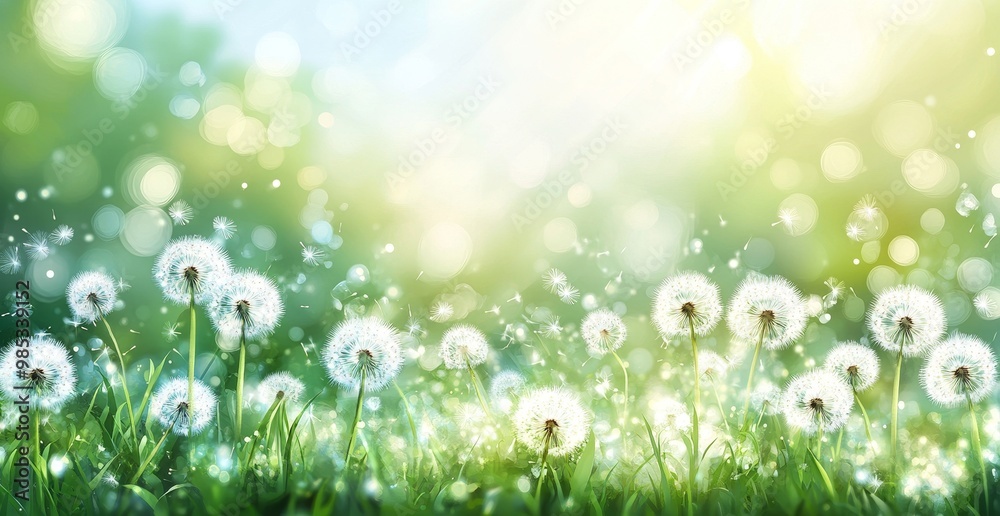 Obraz premium White dandelion flowers with seeds blowing in a green field with a bokeh background.