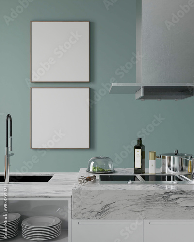 cozy home interior background, modern minimalist style kitchen with mockup poster, 3d render	