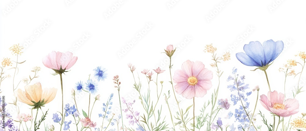 Watercolor illustration of a bouquet of pink, blue and yellow wildflowers. Watercolor illustration of a bouquet of pink, blue and yellow wildflowers.
