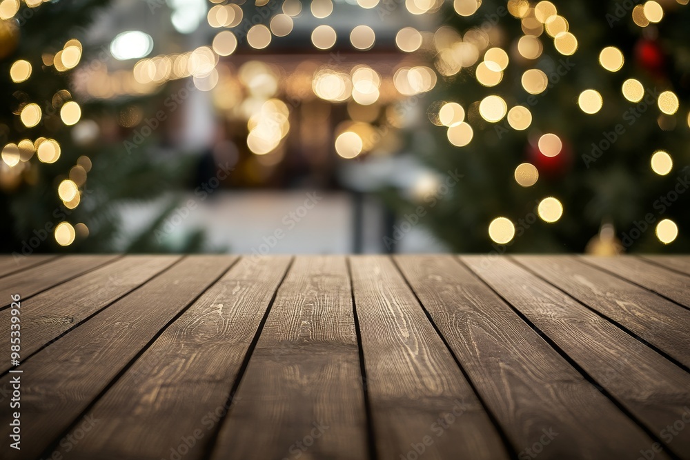 Rustic wooden table top with blurred festive lights background. Rustic wooden table top with blurred festive lights background.