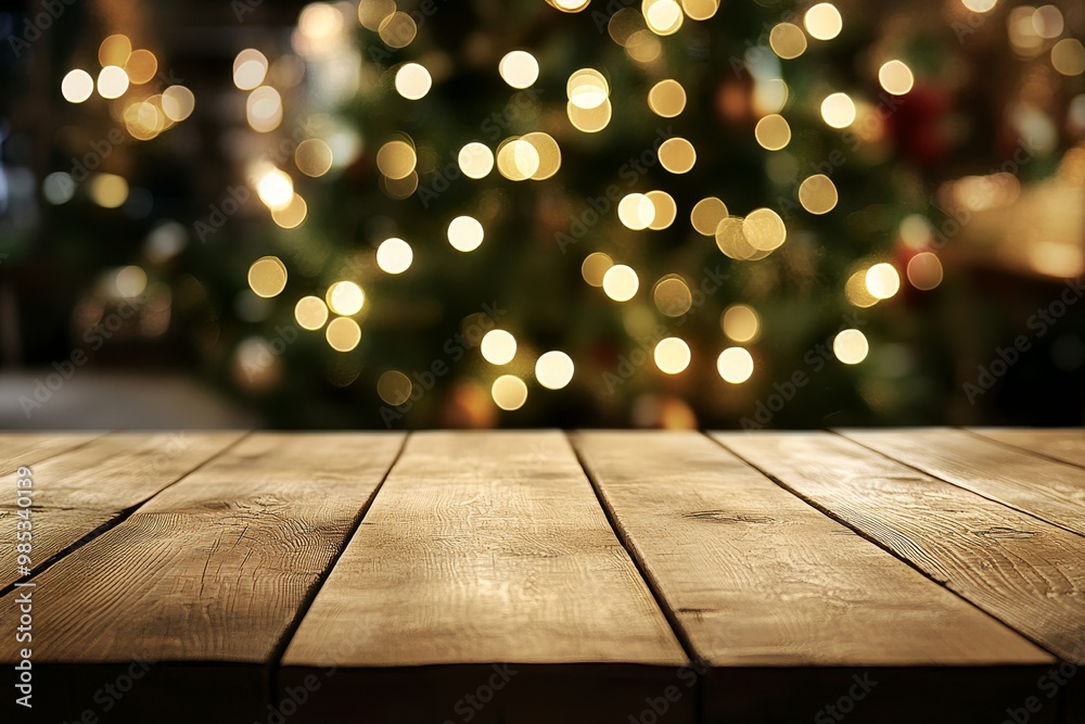 Rustic wooden table top with blurred background of Christmas tree lights. Rustic wooden table top with blurred background of Christmas tree lights.