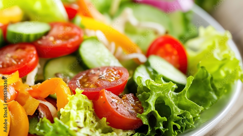 Vibrant salad composition featuring a mix of fresh greens, colorful vegetables, and toppings. The salad includes crisp lettuce, ripe tomatoes, crunchy cucumbers, and a sprinkle of nuts or seeds Vibrant salad composition featuring a mix of fresh greens, colorful vegetables, and toppings. The salad includes crisp lettuce, ripe tomatoes, crunchy cucumbers, and a sprinkle of nuts or seeds