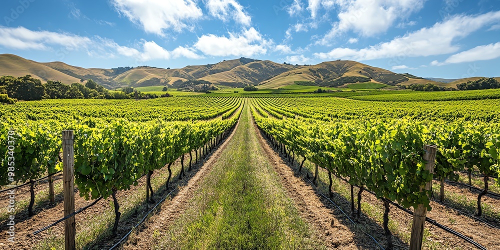 Lush rows of grapevines in a vineyard with green grass and hills in the background.