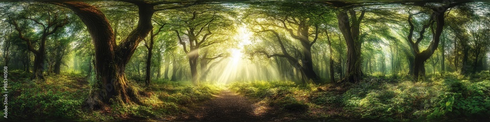 Obraz premium A sunlit path through a lush forest, with light streaming through the trees.