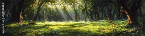 Sunlight filtering through the canopy of a dense forest, illuminating the green undergrowth and fallen branches on the forest floor.