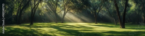 Sunbeams shine through trees in a forest clearing.