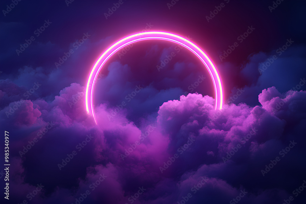 3d render, abstract cloud illuminated with neon light ring on dark night sky. Glowing geometric shape, round frame 3d render, abstract cloud illuminated with neon light ring on dark night sky. Glowing geometric shape, round frame