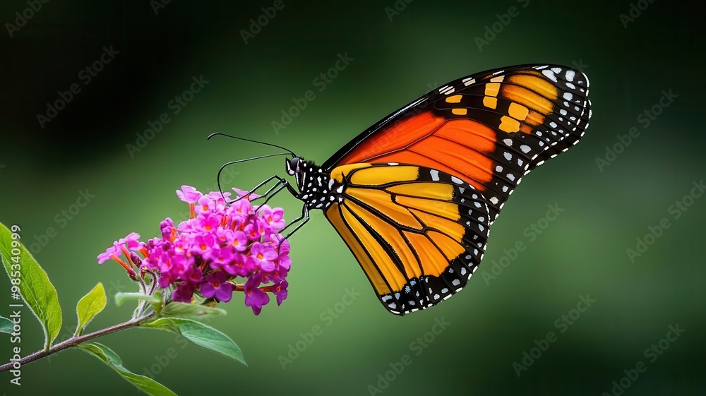 Monarch butterfly on a soft purple blossom, gently fluttering wings, soft nature, elegant natural harmony Monarch butterfly on a soft purple blossom, gently fluttering wings, soft nature, elegant natural harmony