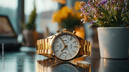 Luxurious gold watch on a table with flowers, illuminated by warm sunlight in a cozy indoor setting photo