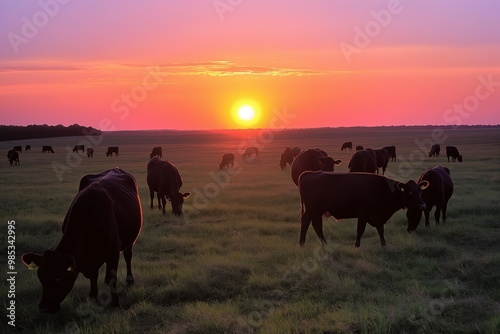 Sun sets over vast field with herd of cattle grazing. Angus cow grazes in the green meadow. Farmer raises cattle on ranch. Landscape of farmland with cattle herd grazing in the summer sunset. photo