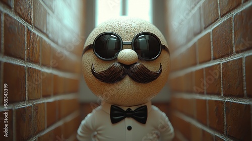 A whimsical character with glasses and a mustache stands in a narrow, warmly lit hallway wearing a bow tie and white shirt photo