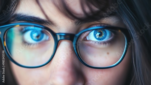 Portrait of a teacher with blue eyes, long hair, and glasses, presenting a professional and approachable demeanor. The teacher’s features, including their stylish glasses and flowing hair, 