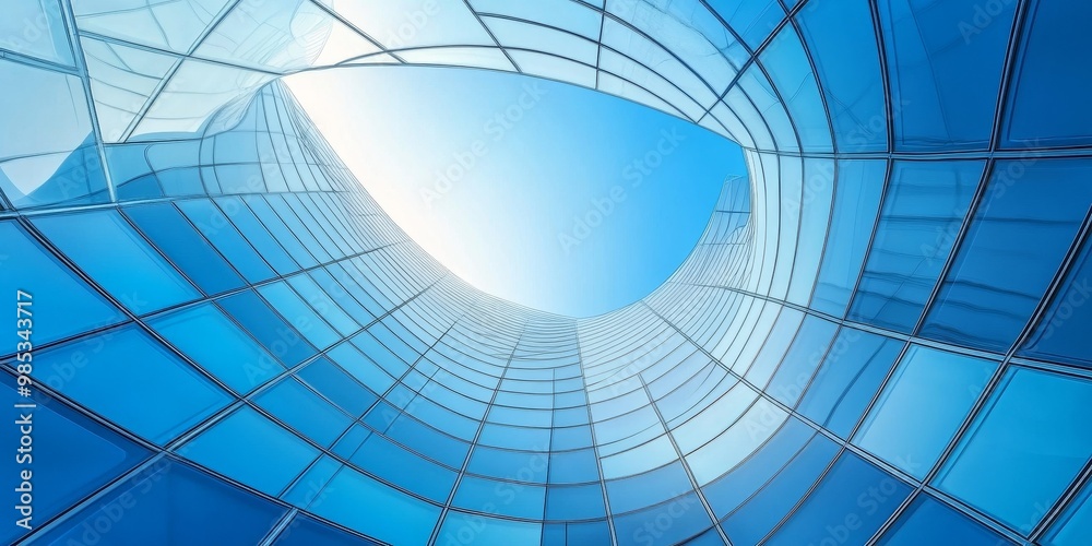 Obraz premium Looking up at a modern glass building with a curved facade, revealing a bright blue sky.