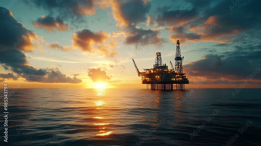 Oil Rig Silhouetted Against a Dramatic Sunset Oil Rig Silhouetted Against a Dramatic Sunset