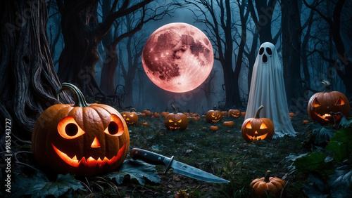Halloween evening. Halloween Pumpkins Deep in the a cursed forest