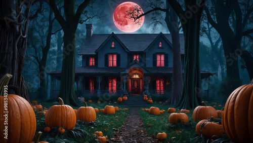 Halloween evening. Halloween Pumpkins Deep in the a cursed forest