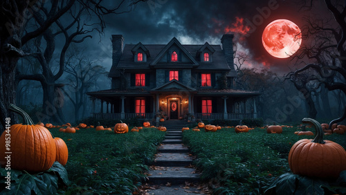 Halloween evening. Halloween Pumpkins Deep in the a cursed forest
