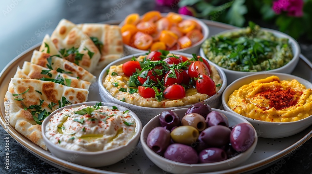 Colorful Mediterranean mezze platter with hummus baba ganoush olives and pita bread arranged beautifully on a white plate Colorful Mediterranean mezze platter with hummus baba ganoush olives and pita bread arranged beautifully on a white plate
