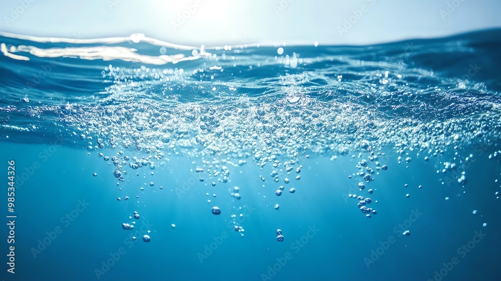 Obraz premium A serene underwater scene showcasing bubbles rising through clear blue water, highlighting tranquility and calmness in nature.