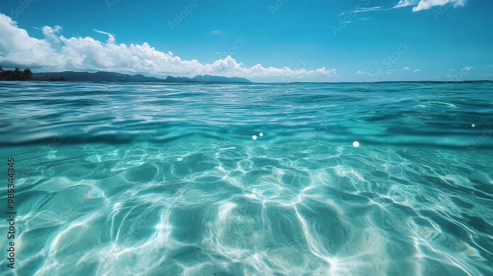 A serene view of crystal clear ocean water, reflecting the sky and creating a tranquil atmosphere perfect for relaxation. A serene view of crystal clear ocean water, reflecting the sky and creating a tranquil atmosphere perfect for relaxation.
