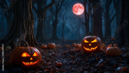 Halloween evening. Halloween Pumpkins Deep in the a cursed forest