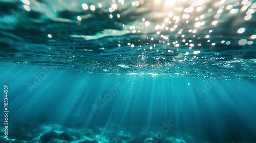 Beneath the surface, sunlight breaks through water, creating a serene underwater scene filled with shimmering light and bubbles.